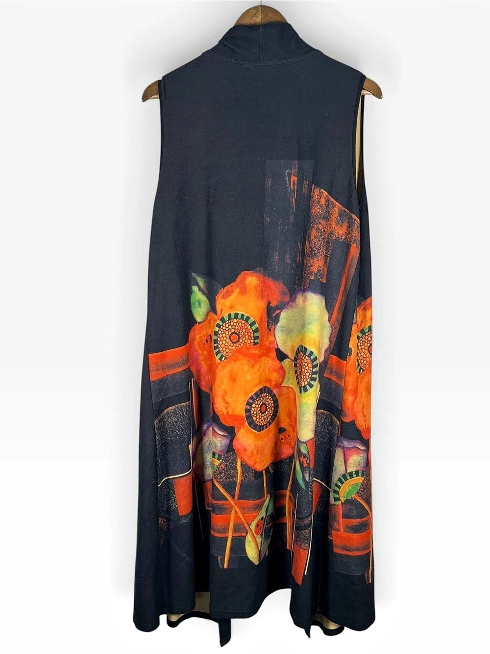 Feratelli Womens Long Floral Duster Vest Black XL Art to Wear